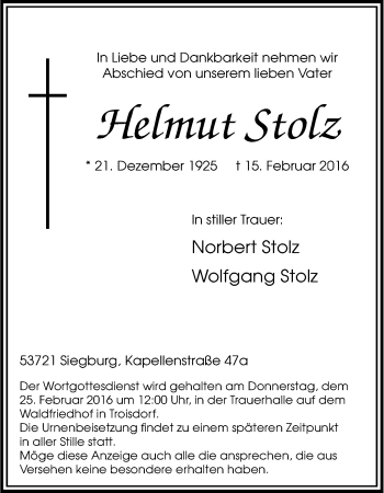 Anzeige von Helmut Stolz von Kölner Stadt-Anzeiger / Kölnische Rundschau / Express