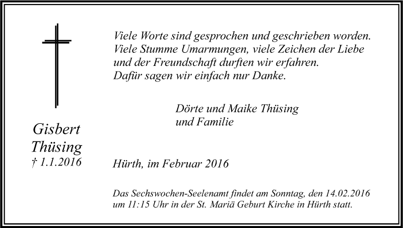  Traueranzeige für Gisbert Thüsing vom 10.02.2016 aus Kölner Stadt-Anzeiger / Kölnische Rundschau / Express