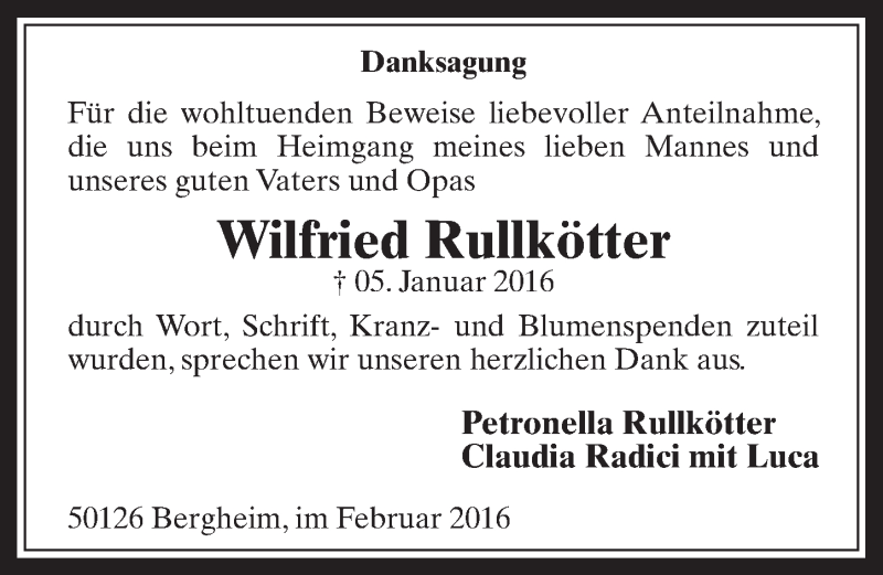  Traueranzeige für Wilfried Rullkötter vom 24.02.2016 aus  Werbepost 
