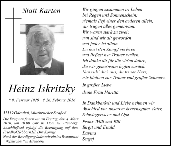 Anzeige von Heinz Iskritzky von Kölner Stadt-Anzeiger / Kölnische Rundschau / Express