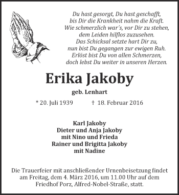 Anzeige von Erika Jakoby von  Kölner Wochenspiegel 