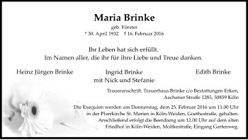 Anzeige von Maria Brinke von Kölner Stadt-Anzeiger / Kölnische Rundschau / Express