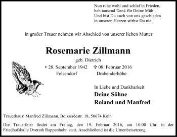 Anzeige von Rosemarie Zillmann von Kölner Stadt-Anzeiger / Kölnische Rundschau / Express