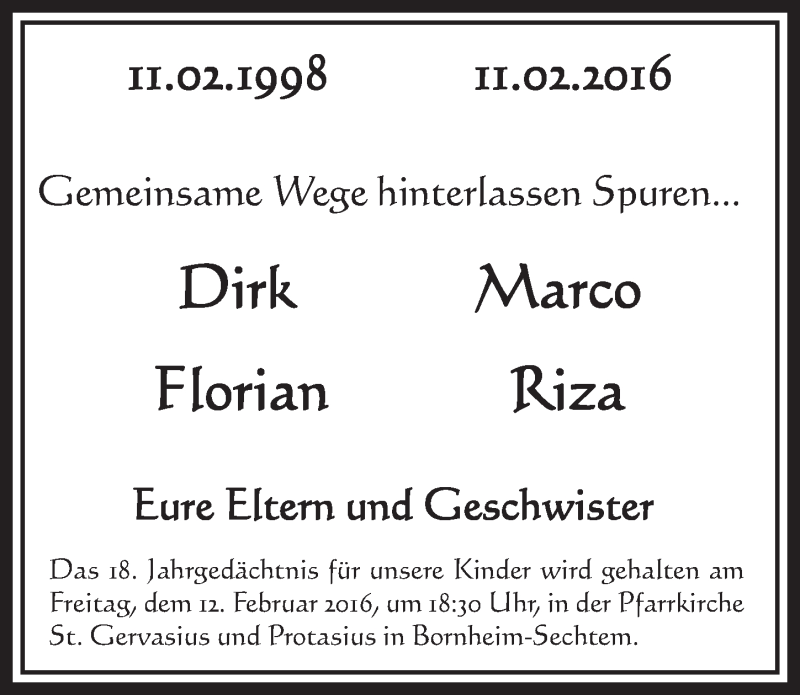  Traueranzeige für In Gedenken  vom 10.02.2016 aus  Schlossbote/Werbekurier 