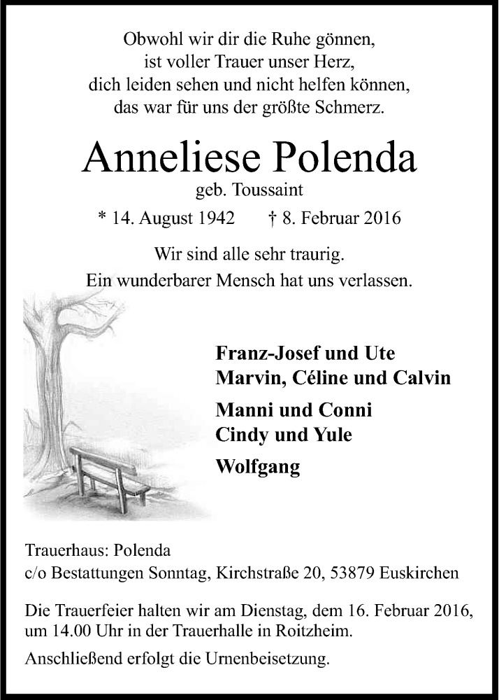  Traueranzeige für Anneliese Polenda vom 13.02.2016 aus Kölner Stadt-Anzeiger / Kölnische Rundschau / Express