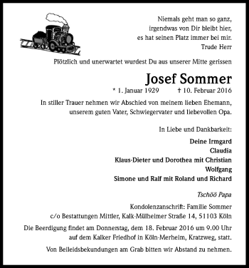 Anzeige von Josef Sommer von Kölner Stadt-Anzeiger / Kölnische Rundschau / Express