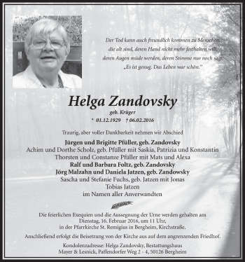 Anzeige von Helga Zandovsky von  Sonntags-Post 