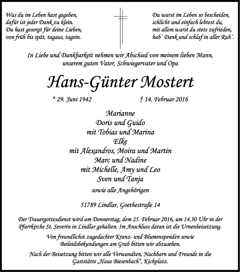  Traueranzeige für Hans-Günter Mostert vom 20.02.2016 aus Kölner Stadt-Anzeiger / Kölnische Rundschau / Express