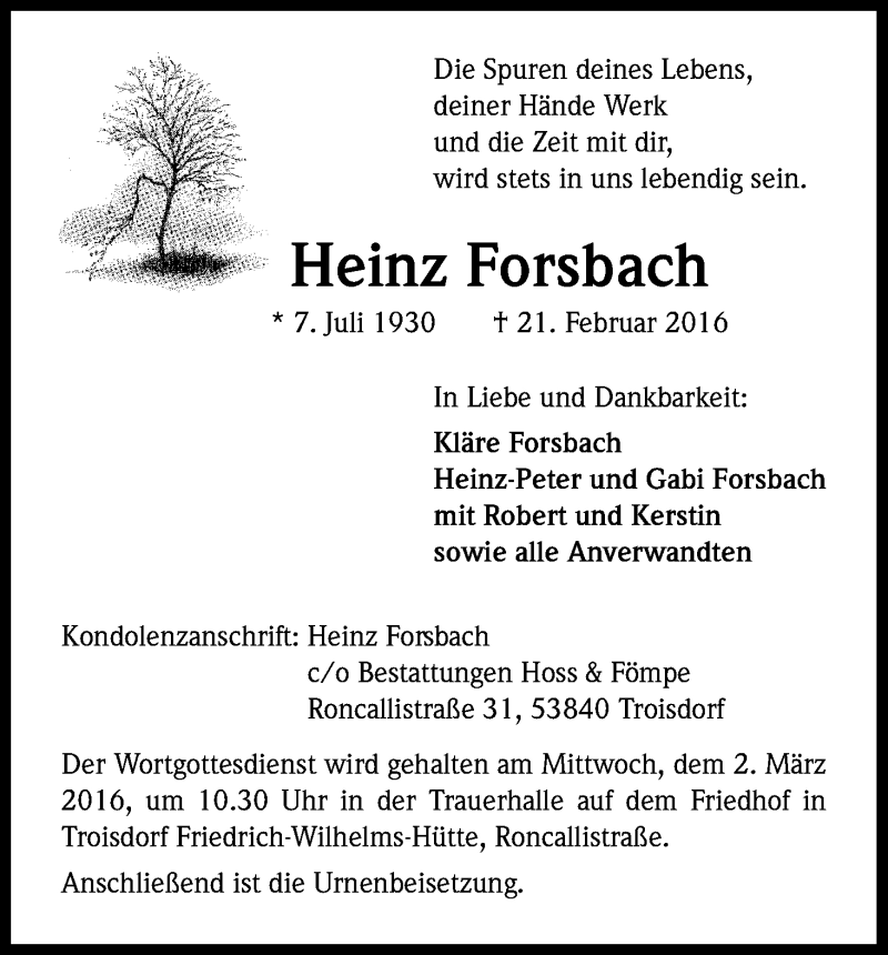  Traueranzeige für Heinz Forsbach vom 26.02.2016 aus Kölner Stadt-Anzeiger / Kölnische Rundschau / Express