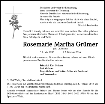Anzeige von Rosemarie Martha Grümer von Kölner Stadt-Anzeiger / Kölnische Rundschau / Express