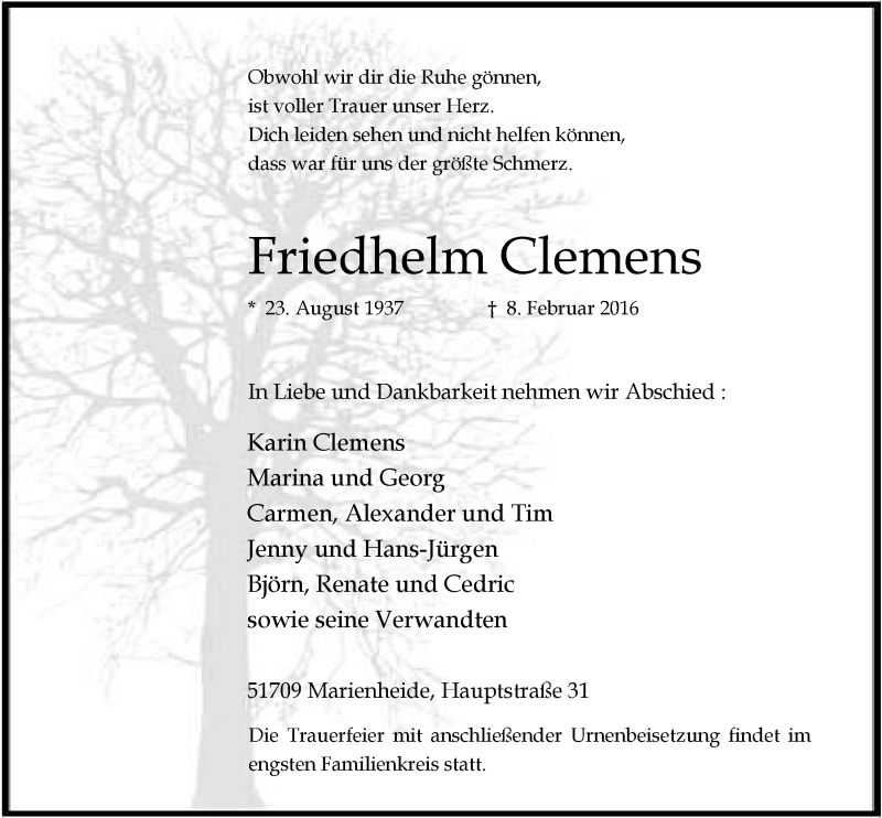  Traueranzeige für Friedhelm Clemens vom 17.02.2016 aus  Anzeigen Echo 