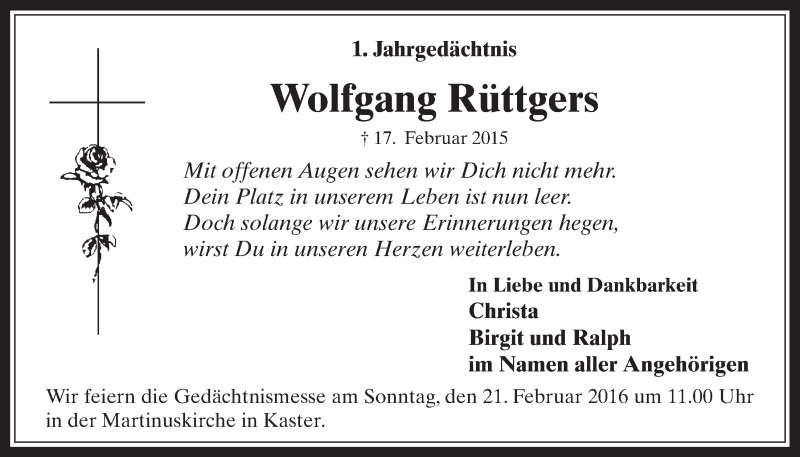  Traueranzeige für Wolfgang Rüttgers vom 17.02.2016 aus  Werbepost 