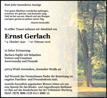 Anzeige von Ernst Gerlach von Kölner Stadt-Anzeiger / Kölnische Rundschau / Express