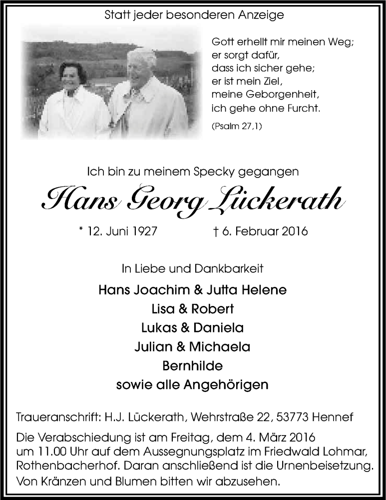  Traueranzeige für Hans Georg Lückerath vom 13.02.2016 aus Kölner Stadt-Anzeiger / Kölnische Rundschau / Express