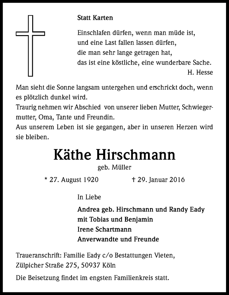  Traueranzeige für Käthe Hirschmann vom 06.02.2016 aus Kölner Stadt-Anzeiger / Kölnische Rundschau / Express