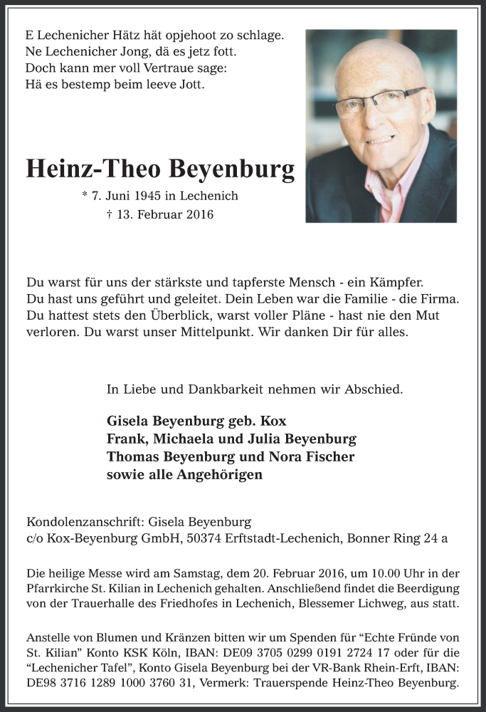  Traueranzeige für Heinz-Theo Beyenburg vom 17.02.2016 aus  Werbepost 