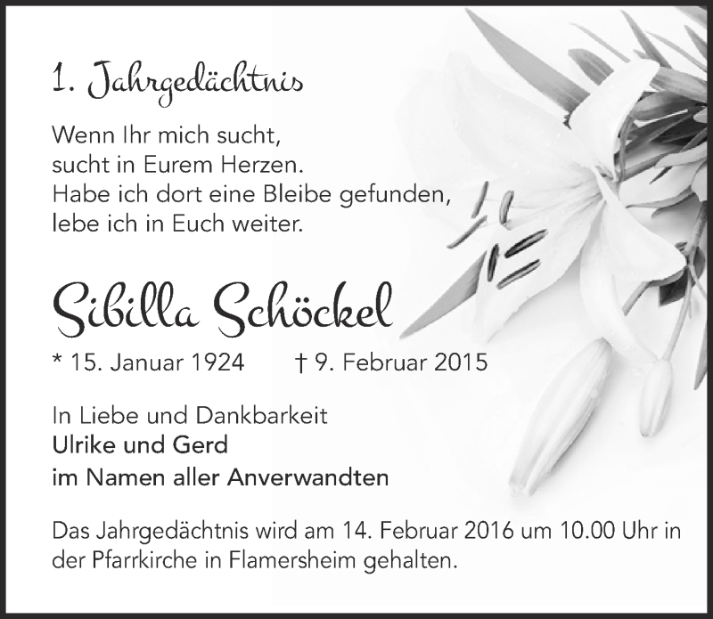  Traueranzeige für Sibilla Schöckel vom 07.02.2016 aus  Blickpunkt Euskirchen 