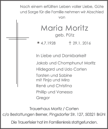 Anzeige von Maria Moritz von  Schlossbote/Werbekurier 