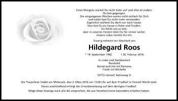 Anzeige von Hildegard Roos von Kölner Stadt-Anzeiger / Kölnische Rundschau / Express