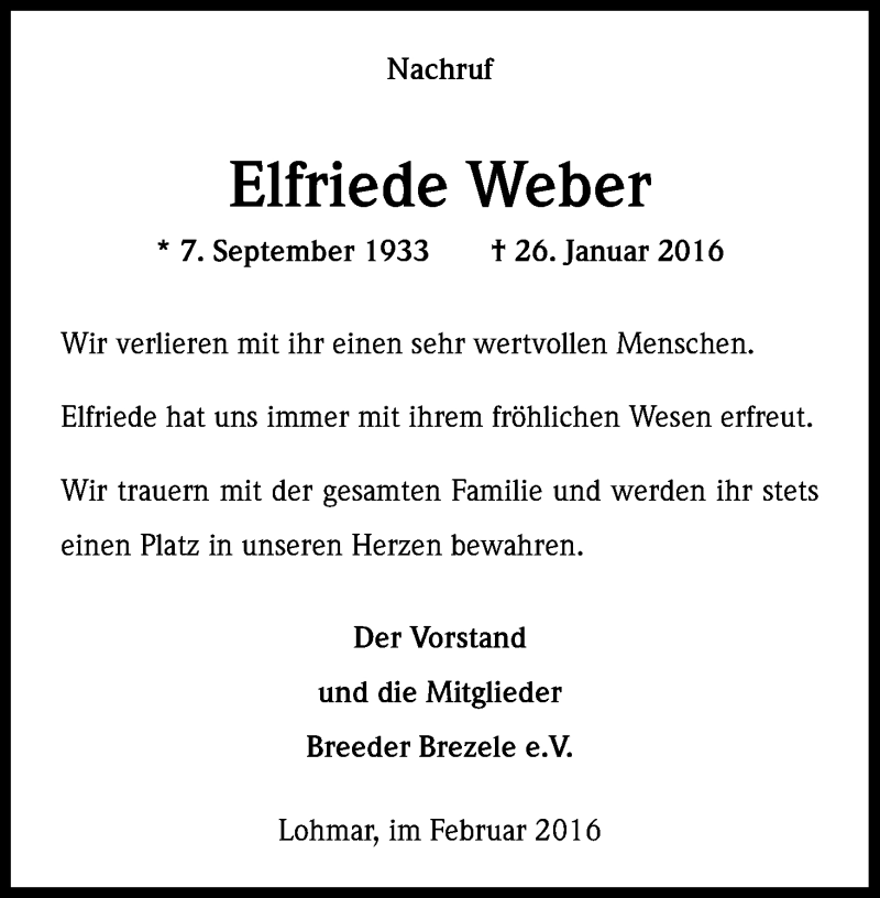  Traueranzeige für Elfriede Weber vom 06.02.2016 aus Kölner Stadt-Anzeiger / Kölnische Rundschau / Express