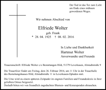 Anzeige von Elfriede Wolter von Kölner Stadt-Anzeiger / Kölnische Rundschau / Express