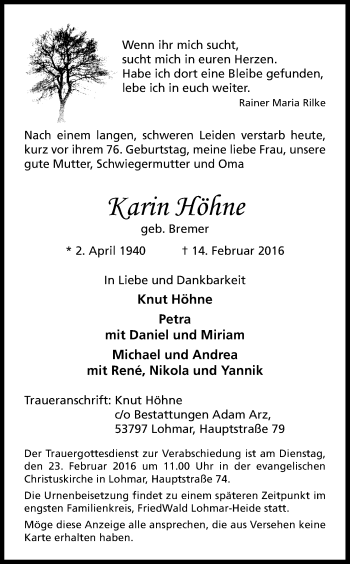 Anzeige von Karin Höhne von Kölner Stadt-Anzeiger / Kölnische Rundschau / Express