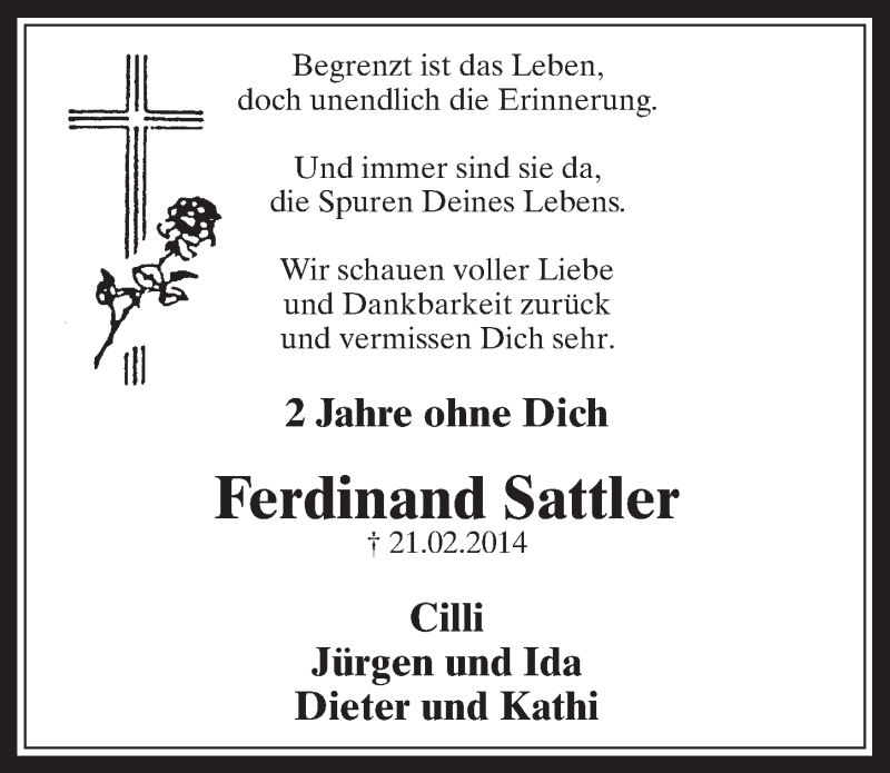  Traueranzeige für Ferdinand Sattler vom 24.02.2016 aus  Werbepost 