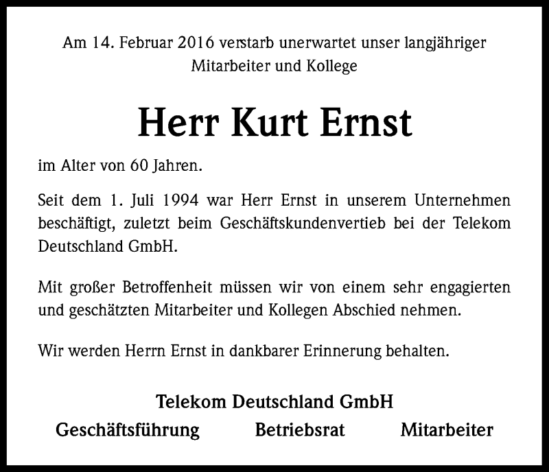  Traueranzeige für Kurt Ernst vom 20.02.2016 aus Kölner Stadt-Anzeiger / Kölnische Rundschau / Express