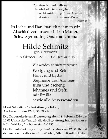 Anzeige von Hilde Schmitz von Kölner Stadt-Anzeiger / Kölnische Rundschau / Express
