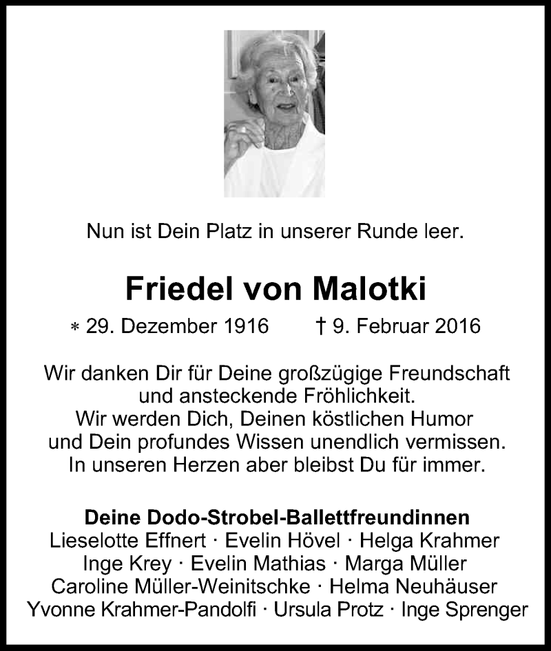  Traueranzeige für Frieda von Malotki vom 26.02.2016 aus Kölner Stadt-Anzeiger / Kölnische Rundschau / Express