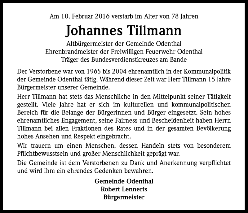  Traueranzeige für Johannes Tillmann vom 15.02.2016 aus Kölner Stadt-Anzeiger / Kölnische Rundschau / Express