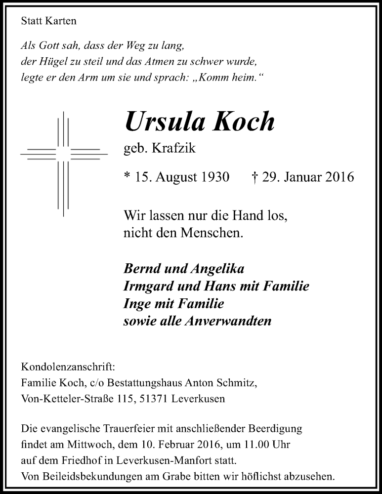  Traueranzeige für Ursula Koch vom 06.02.2016 aus Kölner Stadt-Anzeiger / Kölnische Rundschau / Express