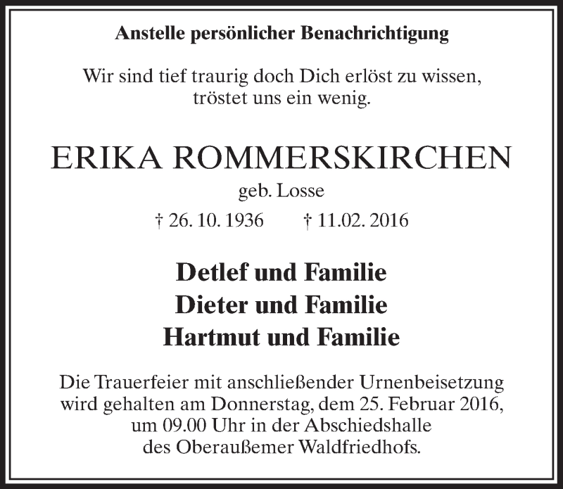 Traueranzeige für Erika Rommerskirchen vom 20.02.2016 aus  Sonntags-Post 
