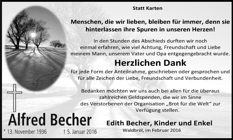  Traueranzeige für Alfred Becher vom 15.02.2016 aus Kölner Stadt-Anzeiger / Kölnische Rundschau / Express
