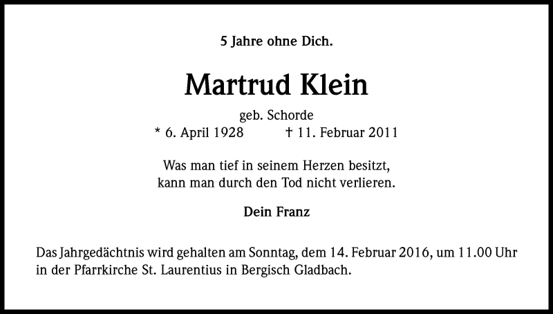  Traueranzeige für Martrud Klein vom 10.02.2016 aus Kölner Stadt-Anzeiger / Kölnische Rundschau / Express