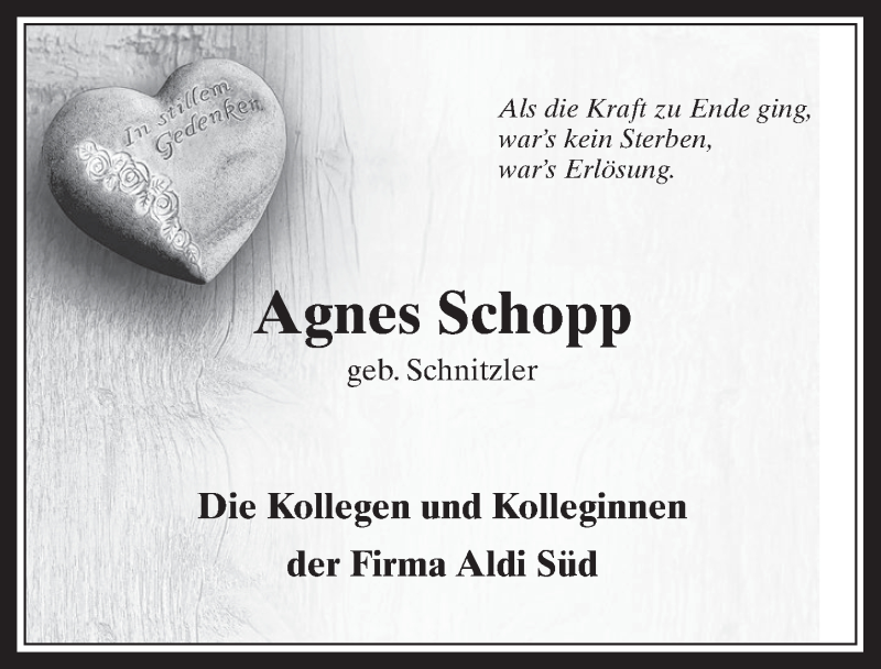  Traueranzeige für Agnes Schopp vom 17.02.2016 aus  Wochenende 