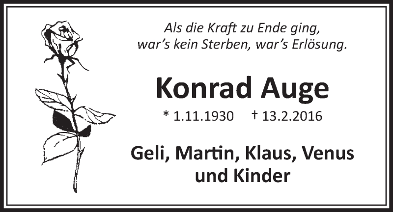  Traueranzeige für Konrad Auge vom 17.02.2016 aus  Schlossbote/Werbekurier 