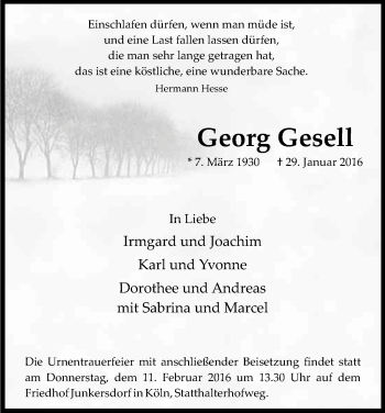 Anzeige von Georg Gesell von Kölner Stadt-Anzeiger / Kölnische Rundschau / Express