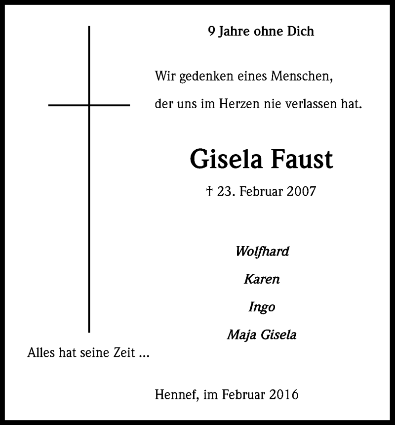 Traueranzeige für Gisela Faust vom 23.02.2016 aus Kölner Stadt-Anzeiger / Kölnische Rundschau / Express