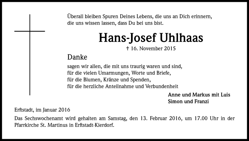  Traueranzeige für Hans-Josef Uhlhaas vom 06.02.2016 aus Kölner Stadt-Anzeiger / Kölnische Rundschau / Express