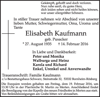 Anzeige von Elisabeth Kaufmann von  Schlossbote/Werbekurier 