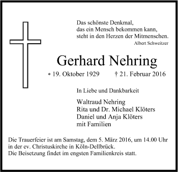 Anzeige von Gerhard Nehring von Kölner Stadt-Anzeiger / Kölnische Rundschau / Express