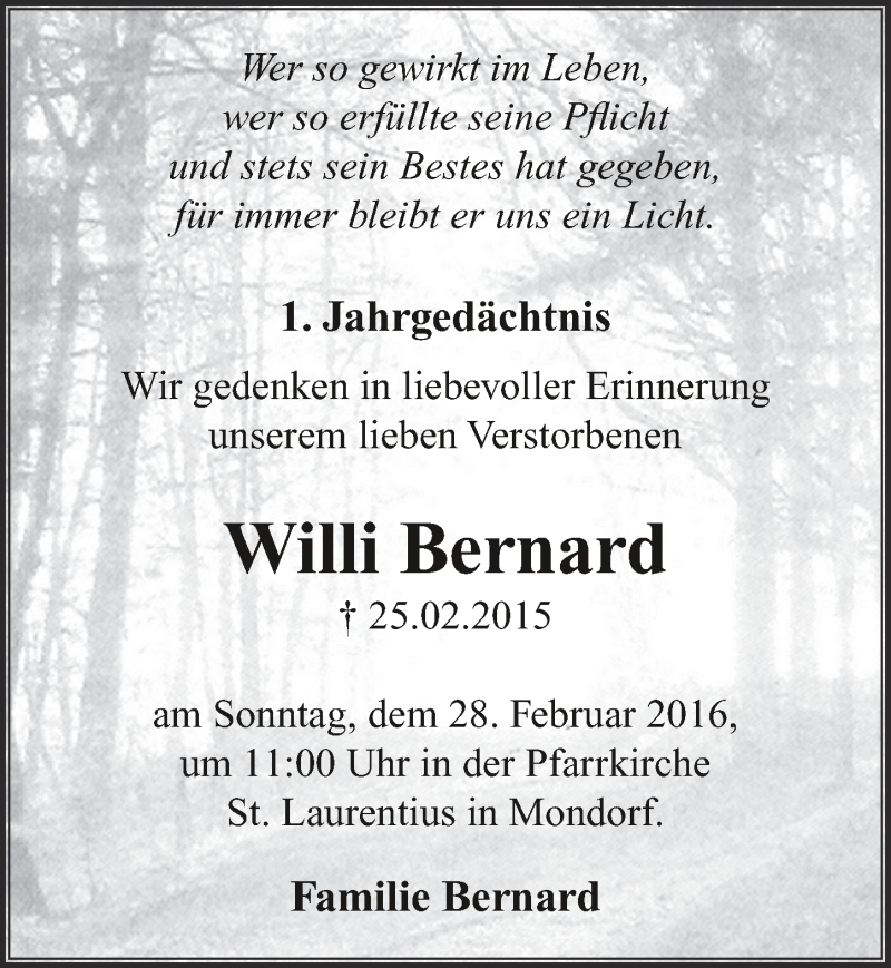  Traueranzeige für Willi Bernard vom 24.02.2016 aus  Extra Blatt 