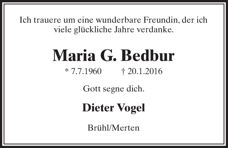  Traueranzeige für Maria G. Bedbur vom 03.02.2016 aus  Schlossbote/Werbekurier 