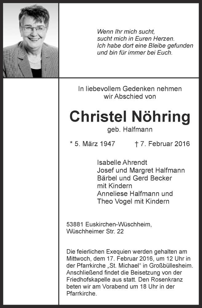  Traueranzeige für Christel Nöhring vom 14.02.2016 aus  Blickpunkt Euskirchen 