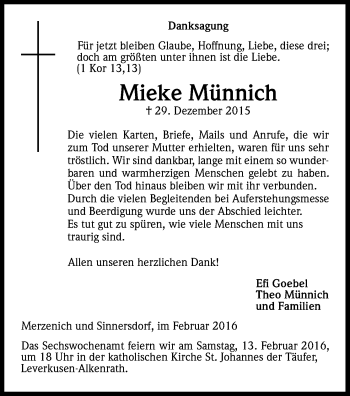 Anzeige von Mieke Münnich von Kölner Stadt-Anzeiger / Kölnische Rundschau / Express