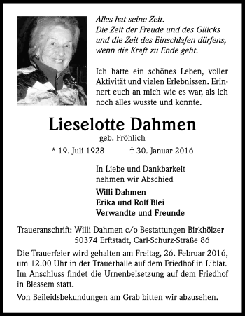 Anzeige von Lieselotte Dahmen von Kölner Stadt-Anzeiger / Kölnische Rundschau / Express