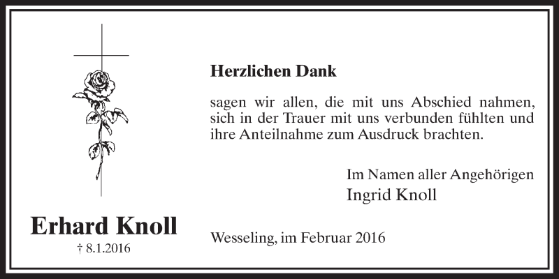  Traueranzeige für Erhard Knoll vom 17.02.2016 aus  Schlossbote/Werbekurier 