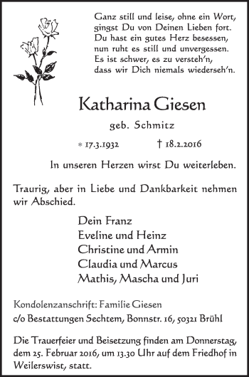 Anzeige von Katharina Giesen von  Schlossbote/Werbekurier 
