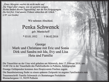 Anzeige von Penka Schwenck von  Sonntags-Post 